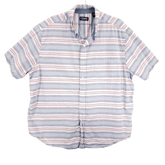 Chaps Shirt Mens 2XB Red White Blue Striped Short Sleeve Chambray Button Down - Picture 1 of 9